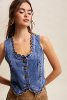 Listicle Scallop Trim Stretch Denim Vest in Drift Blue