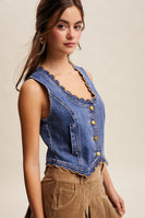 Listicle Scallop Trim Stretch Denim Vest in Drift Blue