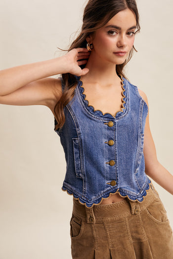 Listicle Scallop Trim Stretch Denim Vest in Drift Blue