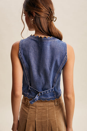 Listicle Scallop Trim Stretch Denim Vest in Drift Blue