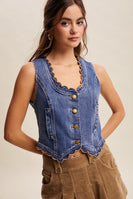 Listicle Scallop Trim Stretch Denim Vest in Drift Blue