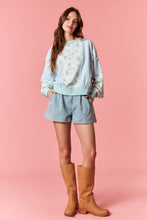 Load image into Gallery viewer, Peach Love Floral and Stripe OVERSIZED Terry Knit Top in Light Aqua
