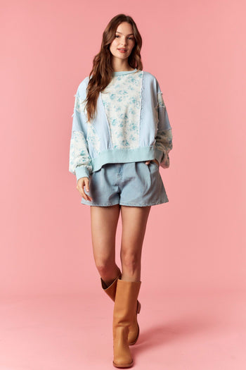 Peach Love Floral and Stripe OVERSIZED Terry Knit Top in Light Aqua