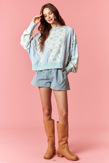 Peach Love Floral and Stripe OVERSIZED Terry Knit Top in Light Aqua
