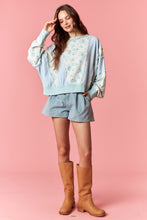 Load image into Gallery viewer, Peach Love Floral and Stripe OVERSIZED Terry Knit Top in Light Aqua
