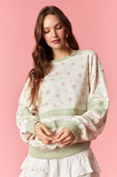 Peach Love  Floral Printed Sweatshirt with Grosgrain Lace in Cream/Sage