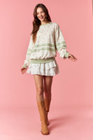 Peach Love  Floral Printed Sweatshirt with Grosgrain Lace in Cream/Sage