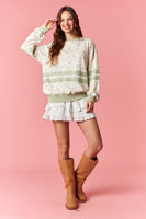 Peach Love  Floral Printed Sweatshirt with Grosgrain Lace in Cream/Sage