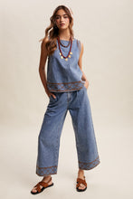 Load image into Gallery viewer, Listicle Embroidered Denim Tank and Wide-leg Pants Set in Drift Blue
