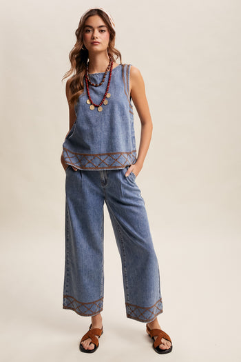Listicle Embroidered Denim Tank and Wide-leg Pants Set in Drift Blue