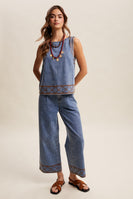 Listicle Embroidered Denim Tank and Wide-leg Pants Set in Drift Blue