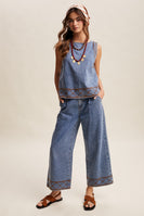 Listicle Embroidered Denim Tank and Wide-leg Pants Set in Drift Blue