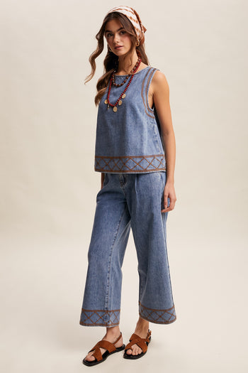Listicle Embroidered Denim Tank and Wide-leg Pants Set in Drift Blue
