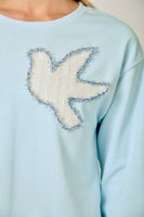 Mystree French Terry Tweed Bird Applique Pullover in Blue