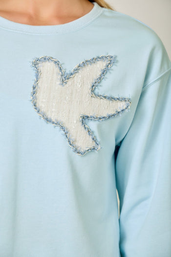 Mystree French Terry Tweed Bird Applique Pullover in Blue