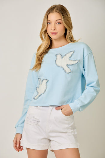 Mystree French Terry Tweed Bird Applique Pullover in Blue