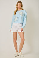 Mystree French Terry Tweed Bird Applique Pullover in Blue