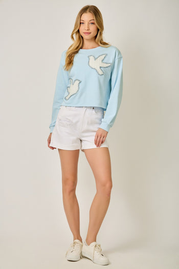 Mystree French Terry Tweed Bird Applique Pullover in Blue