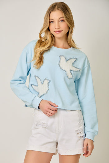 Mystree French Terry Tweed Bird Applique Pullover in Blue