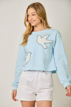 Load image into Gallery viewer, Mystree French Terry Tweed Bird Applique Pullover in Blue
