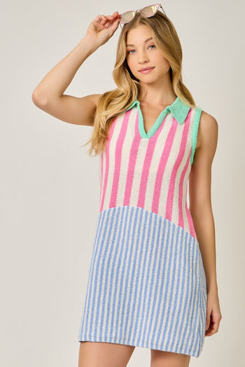 Mystree Mixed Stripe Color Block Dress in Pink/Blue