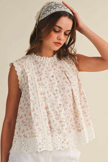 LovLov Petal Charm Ruffle Neck Lace Trim Top in Ivory Floral