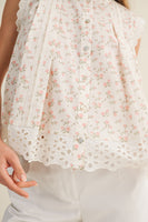 LovLov Petal Charm Ruffle Neck Lace Trim Top in Ivory Floral