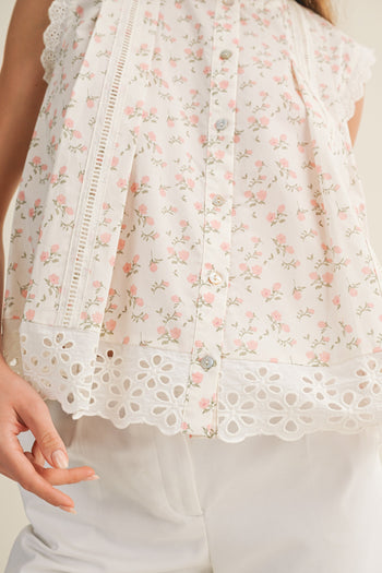 LovLov Petal Charm Ruffle Neck Lace Trim Top in Ivory Floral