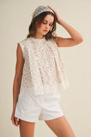 LovLov Petal Charm Ruffle Neck Lace Trim Top in Ivory Floral