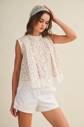 LovLov Petal Charm Ruffle Neck Lace Trim Top in Ivory Floral