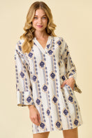 Doe & Rae Geometric and Floral Print Kaftan Dress in Off White/Navy
