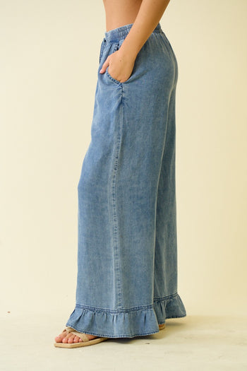 Jeans With Ruffle Bottom Doe & Rae Denim Ruffle Bottom Wide Leg Pants in Denim – June Adel