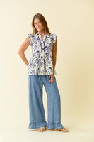 Doe & Rae Denim Ruffle Bottom Wide Leg Pants in Denim