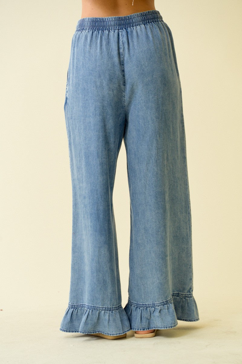 Doe & Rae Denim Ruffle Bottom Wide Leg Pants in Denim – June Adel