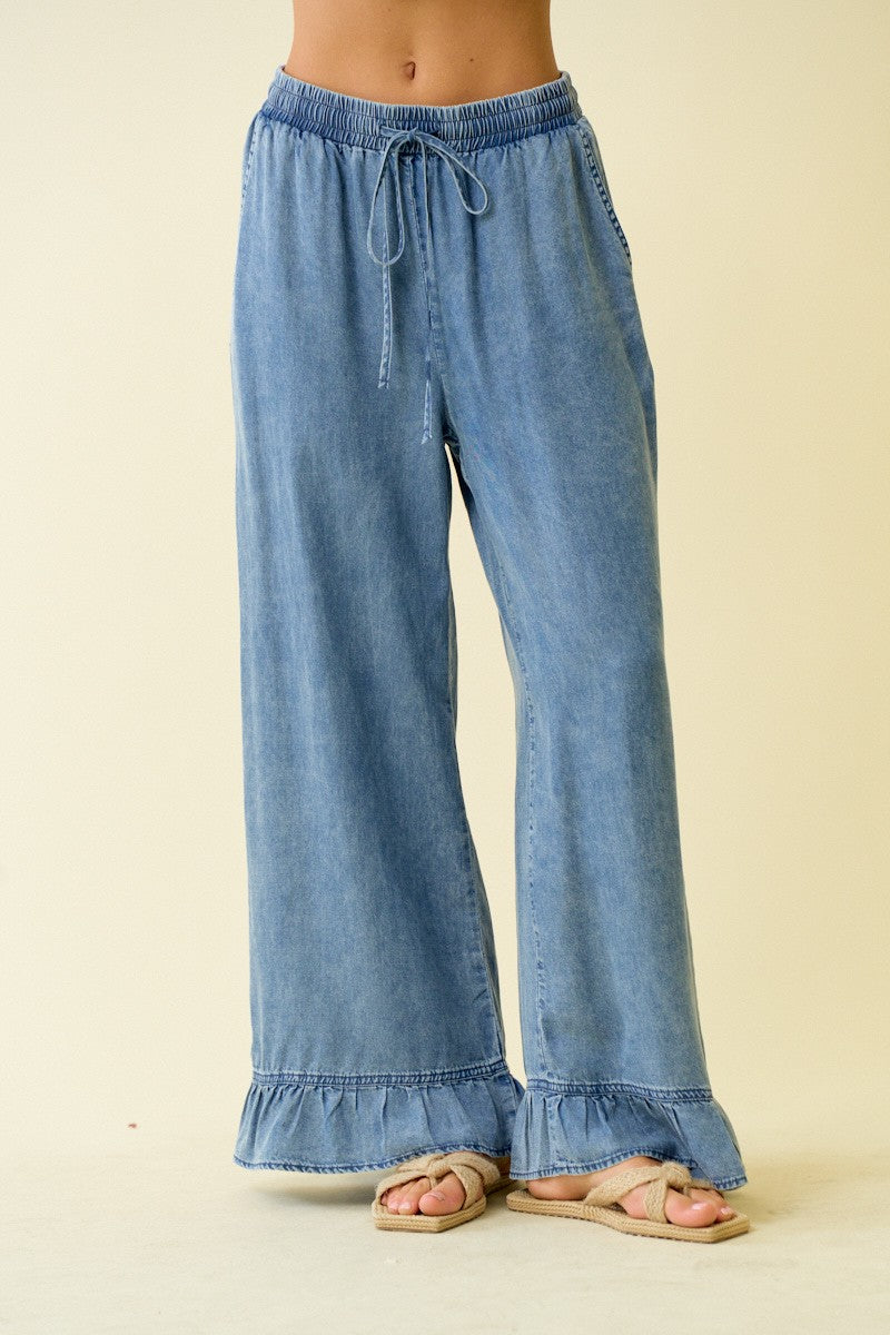 Doe & Rae Denim Ruffle Bottom Wide Leg Pants in Denim ON ORDER