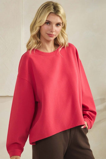 Yelete Cotton Modal Loose Fit Pullover Crewneck Top in Winter Berry