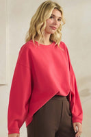 Yelete Cotton Modal Loose Fit Pullover Crewneck Top in Winter Berry