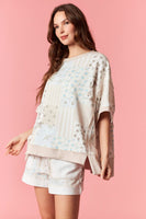 Peach Love Stripe Floral Patchwork Effect Printed Terry Top in Taupe Combo