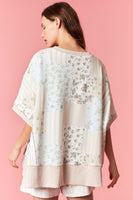 Peach Love Stripe Floral Patchwork Effect Printed Terry Top in Taupe Combo