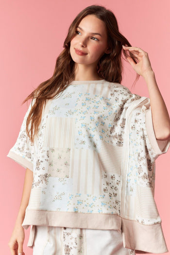 Peach Love Stripe Floral Patchwork Effect Printed Terry Top in Taupe Combo