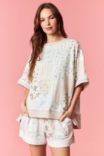 Load image into Gallery viewer, Peach Love Stripe Floral Patchwork Effect Printed Terry Top in Taupe Combo
