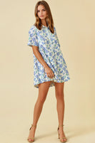 Doe & Rae Floral & Stripe Mix Button Down Swing Mini Dress in Blue Multi