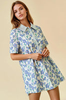Doe & Rae Floral & Stripe Mix Button Down Swing Mini Dress in Blue Multi