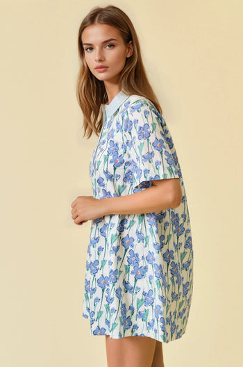 Doe & Rae Floral & Stripe Mix Button Down Swing Mini Dress in Blue Multi