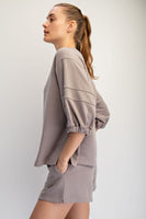 Rae Mode French Terry Bubbled Half Sleeve Top in Stone Taupe