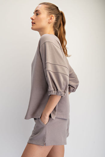 Rae Mode French Terry Bubbled Half Sleeve Top in Stone Taupe