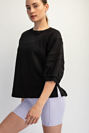Rae Mode French Terry Bubbled Half Sleeve Top in Black