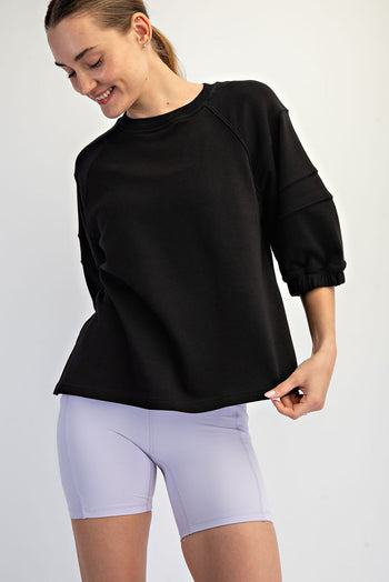 Rae Mode French Terry Bubbled Half Sleeve Top in Black
