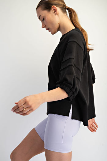 Rae Mode French Terry Bubbled Half Sleeve Top in Black
