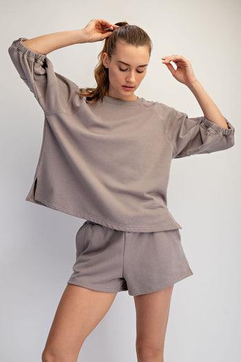 Rae Mode French Terry Bubbled Half Sleeve Top in Stone Taupe